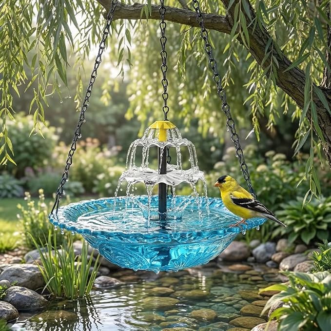 Hanging Solar Bird Bath Fountain,2026 New Solar Cascade Hanging Bird Bath Fountain,Hanging Bird Bath with Water for Outdoors Garden Patio Backyard Lawn Decor(Blue) 111