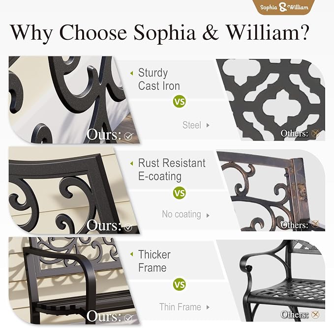 Sophia & William Outdoor Bench, Metal Garden Bench, Cast Iron Park Benches for Outside with Floral Design Backrest, Black