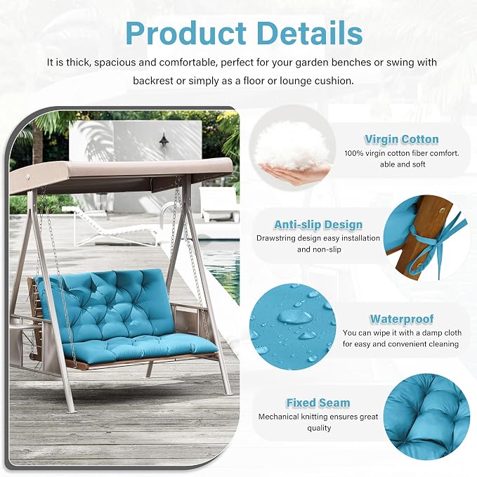Porch Swing Cushion with Backrest,Waterproof Bench Cushion for Outdoor Furniture,2-3 Seater Replacement Thickened 5 in swing cushion,with Ties,Patio,Outdoor,Backyard and Garden (Lake Blue,40x40 in)