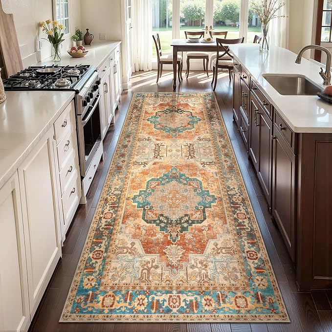 Tangsoo 2.6x8 Washable Runner Rug for Hallways, Oriental Non Slip Runners | Vintage Soft Low Pile Long Runner, Oriental Carpet Hallway Runners for Kitchen Bedroom Entryway Bathroom Orange Home Decor