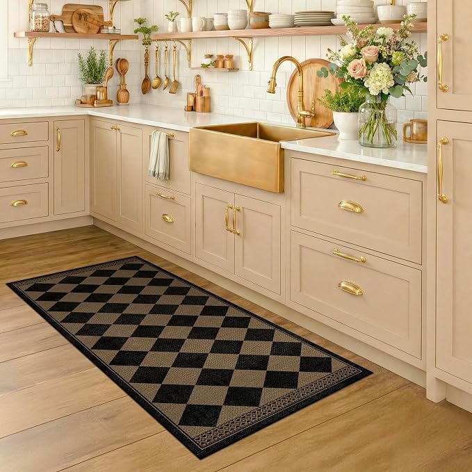 Brown and Black Easy Jute Runner Rug 2x5 for Laundry Room, Non Skid Washable Checkered Entryway Runner Rug, Boho Low Pile Diamond Carpet for Kitchen, Bathroom, Scandinavian Minimalist Style