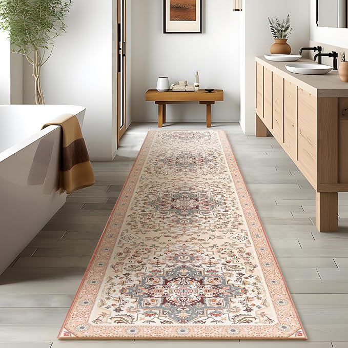Phantoscope Washable Runner Rug 2'x10' Non-Slip, Vintage Boho Hallway Rugs for Entryway, Stair, Bedroom, Persian Floral Medallion Pattern, Low-Pile Foldable Floor Carpet, Ivory Rose/Fall Bloom