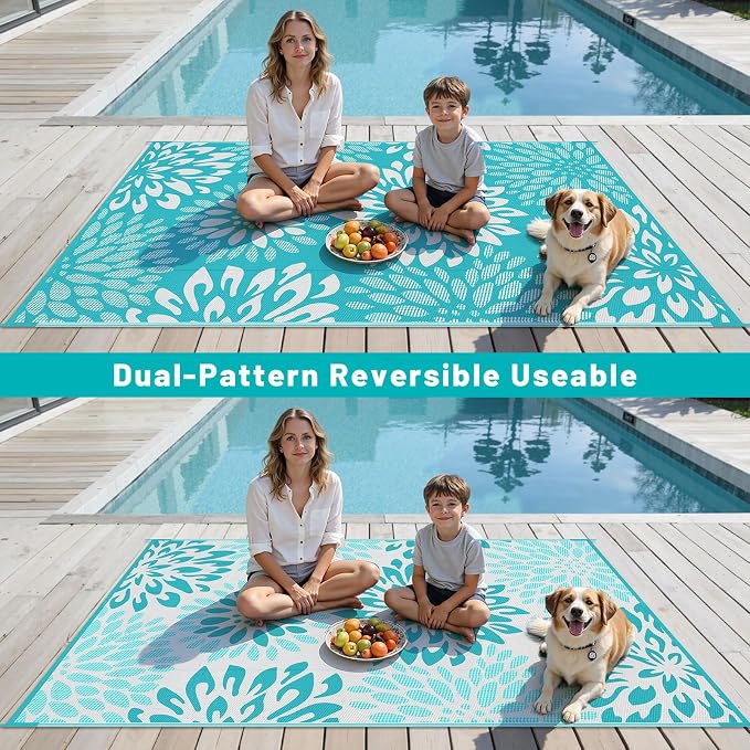 HEBE Waterproof Outdoor Rug 5x8 for Patios, Floral Reversible Plastic Straw Rug Patio Mat, Indoor Outdoor Carpet RV Mat Camping Rug for Deck, Camper, Porch, Balcony, Backyard, Picnic