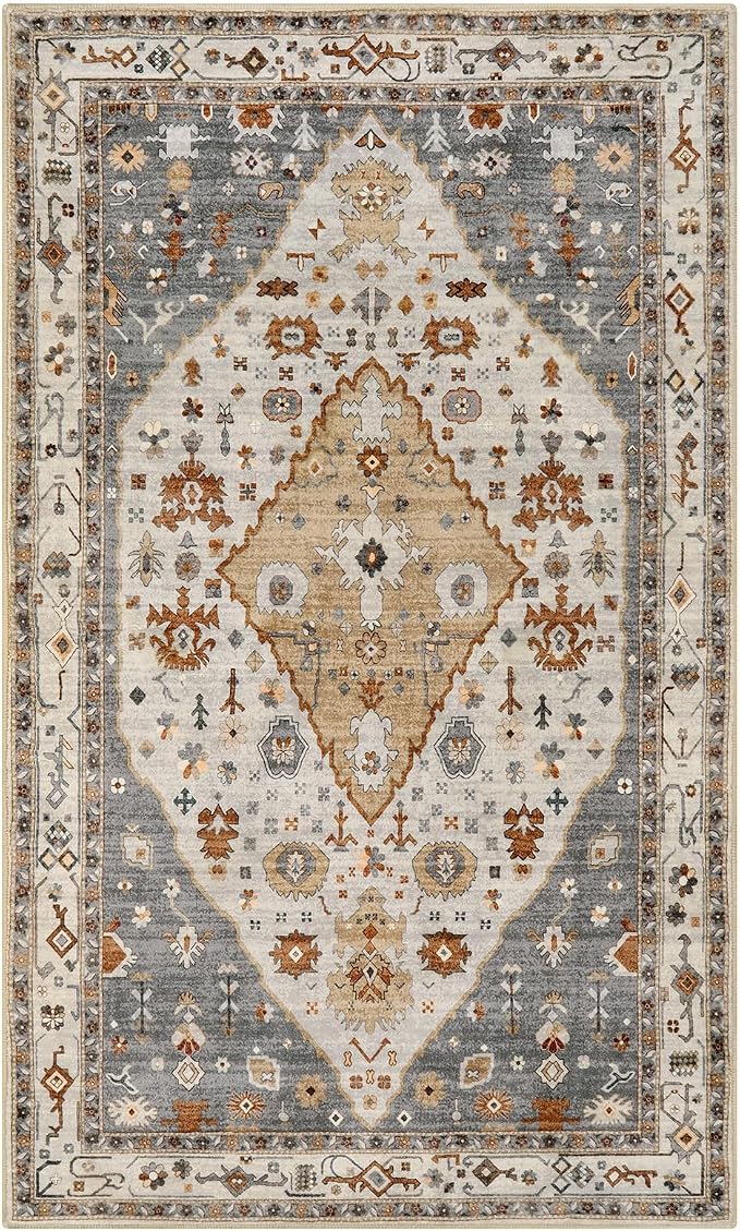 Lahome Felice 3x5 Rugs for Entryway, Machine Washable Kitchen Area Rug Non Slip Bedroom Rug, Oriental Vintage Soft Kid Pet Friendly Printed Indoor Throw Carpet for Bedside Bathroom Decor, Gold