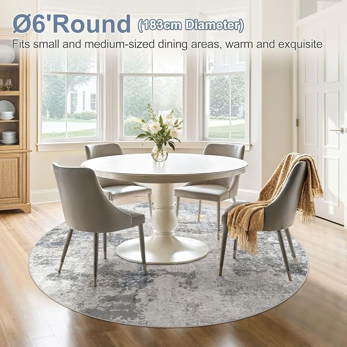 DMOYEST 6ft Round Area Rug for Living Room Washable Non Slip Circle Rug | 6x6 Neutral Modern Abstract Low Pile Rugs Kid & Pet Friendly Soft Carpet for Bedroom Dining Room - Grey Blue