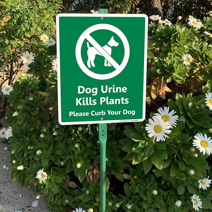 SmartSign 12 x 10 inch “Dog Urine Kills Plants - Please Curb Your Dog” LawnBoss Yard Sign with 3 foot Stake, 40 mil Laminated Rustproof Aluminum, White and Green, Set of 1