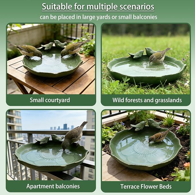 Ceramic Bird Bath for Outside, 9.45 Inch Ground Bird Bath Bowl with Double Bird Design, Outdoor Birdbath for Garden, Tabletop, Deck, Balcony, Lawn (Light Green)