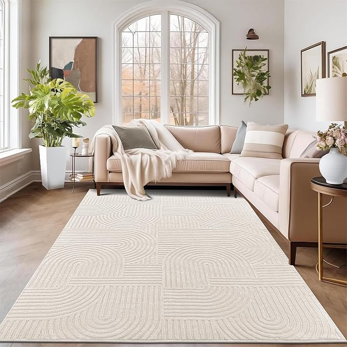 Pauwer 6x9 Area Rugs for Living Room, Modern Non Slip Washable Rug, Beige | Arch Pattern, Soft Fluffy, Neutral, Boho Accent, Solid Color Floor Carpet, For Kids Room Dining Room Nursery Entryway