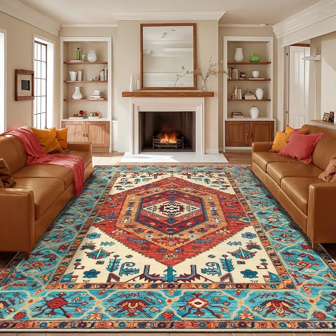 SERISSA 9x12 Washable Non Slip Boho Area Rug for Living Room，Orange | Ultra Soft Vintage Oriental Carpet Low-Pile Distressed Tribal Throw Carpet for Dining Room Bedroom Dorm Office Home Decor