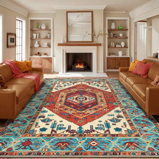 SERISSA 9x12 Washable Non Slip Boho Area Rug for Living Room，Orange | Ultra Soft Vintage Oriental Carpet Low-Pile Distressed Tribal Throw Carpet for Dining Room Bedroom Dorm Office Home Decor