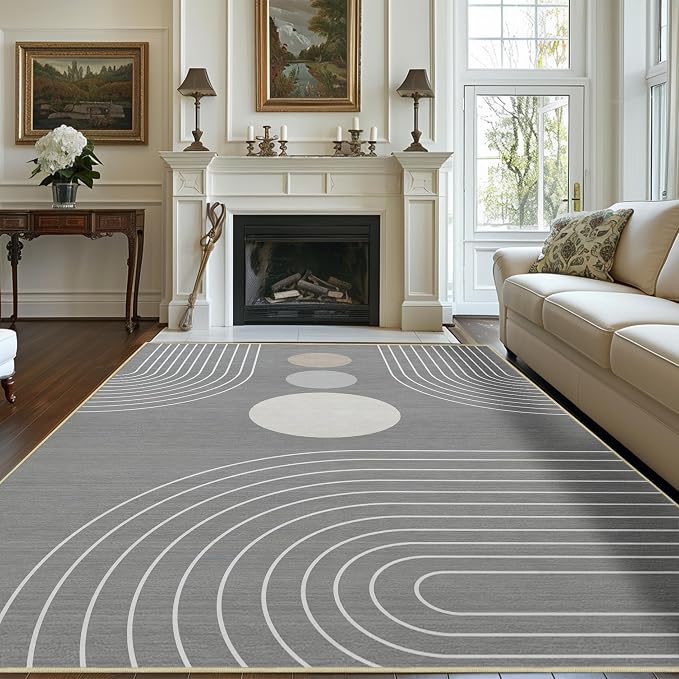Area Rug 5x7 Boho Modern Minimalist Geometric Abstract Rug Grey Mid Century Modern Rug for Living Room Machine Washable Non-Slip Printed Low Pile Indoor Carpet for Bedroom Dining Room Office Gray