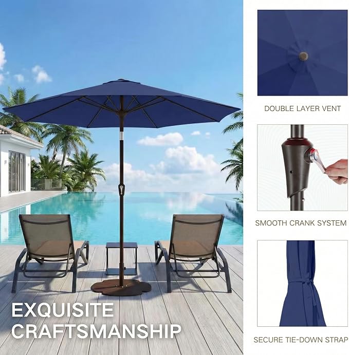 Kingdura 10FT Outdoor Patio Umbrella, Round Market Table Umbrella with Push‑Button Tilt and Crank Lift, 8 Sturdy Metal Ribs, UV50+ Protection Canopy for Backyard, Lawn, Deck, Poolside, Garden (Navy blue)
