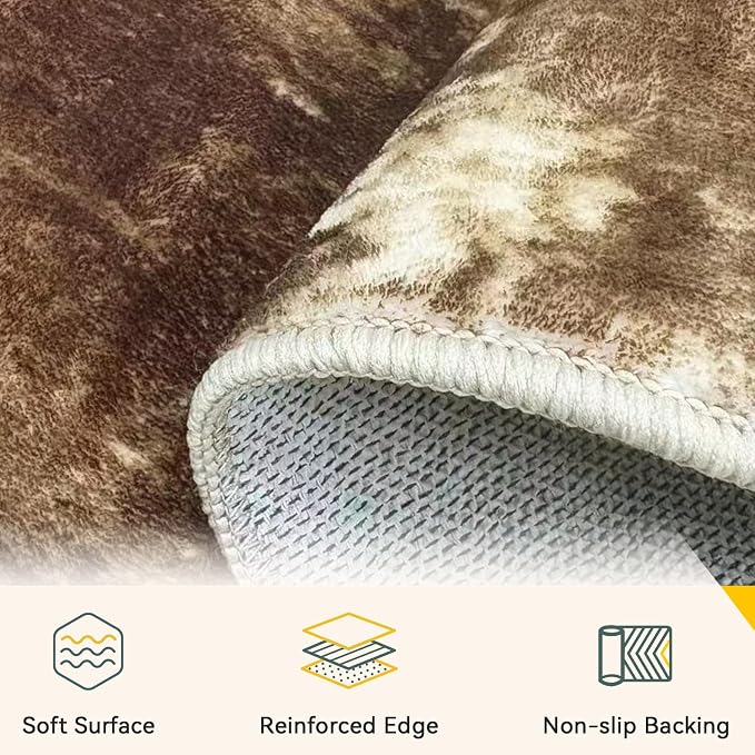 RELEANY Washable Square 8'x8' Area Rug for Living Room Brown Tan | Carpet for Bedroom, Kitchen, Office, Hallway and Entryway, Printed Pattern, Non‑Slip, Soft, Stain‑Resistant, Easy to Clean
