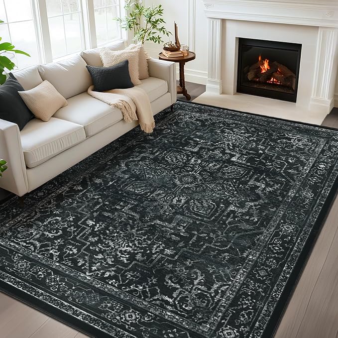 Distressed Black Rugs for Living Room 6x9, Low Pile Thin Area Rugs for Bedroom Manchine Washable Non Slip, Dark Medallion Pinted Carpet for Dining Room Guest Room Home Office