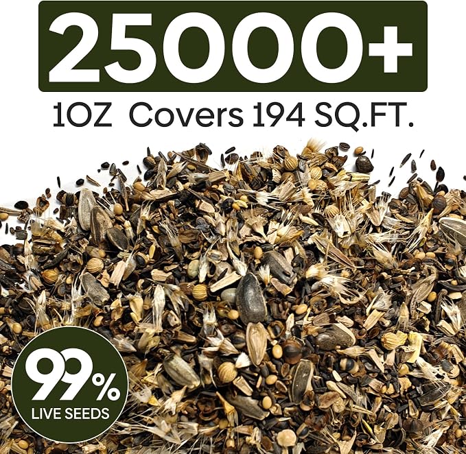 Groundio 25,000+ Wildflower Seeds Mix 1 Oz, 24 Varieties Perennial & Annual Seeds for Hummingbirds and Butterflies, High Germination Flower Seeds Throw and Grow to Plant Outside, No Filler