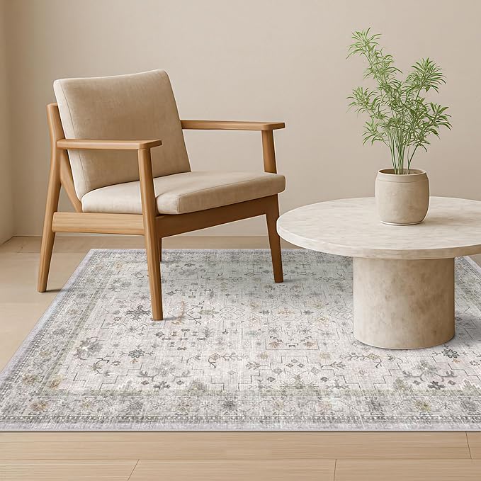 Washable Boho 4x6 Living Room Rug - Light Gray & Sage Area Rug for Kitchen, Mudroom, Bedroom Beside Bed, Office, Modern Vintage Eclectic Geometric Floral, Low Pile & Fade Resistant