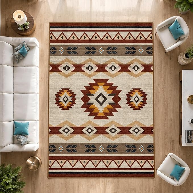 5x7 Western Aztec Area Rug for Living Room Bedroom Southwestern Boho Large Rug Machine Washable Non-Slip Carpet for Dining Room Office