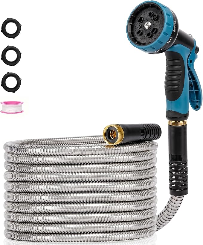 Metal Garden Hose 25 ft x 5/8 in OD with 10 Pattern Sprayer Nozzle, Stainless Steel Water Hose, Non Expandable Flexible Kink Resistant Heavy Duty Hose for Yard, Car Washing and Pet Bath