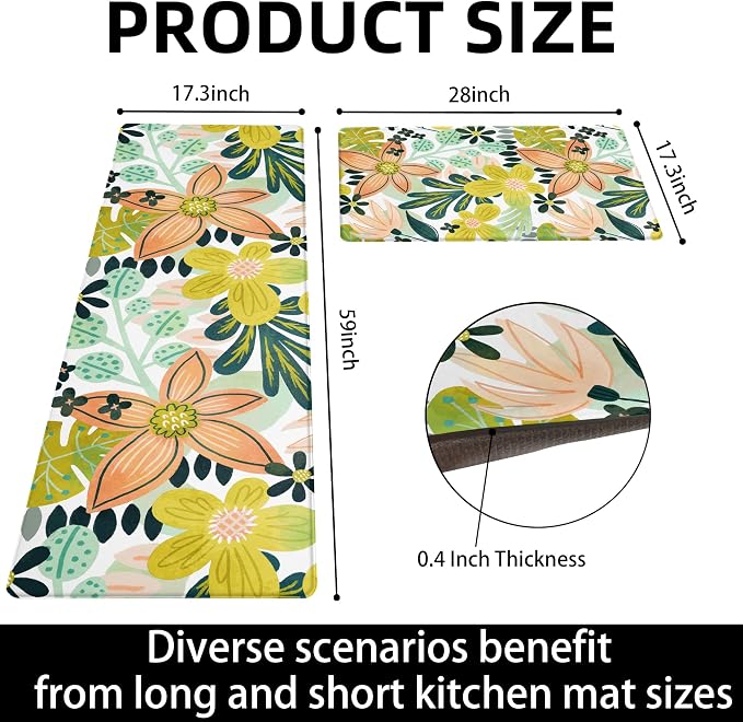 Tyrot Boho Floral Long Kitchen Mats Rugs Sets of 2 Cushioned Anti Fatigue Floor Mat Foam Comfort Kitchen Rugs Farmhouse Style Non Slip Waterproof Mid Century Botanical Standing Mat for Sink Laundry