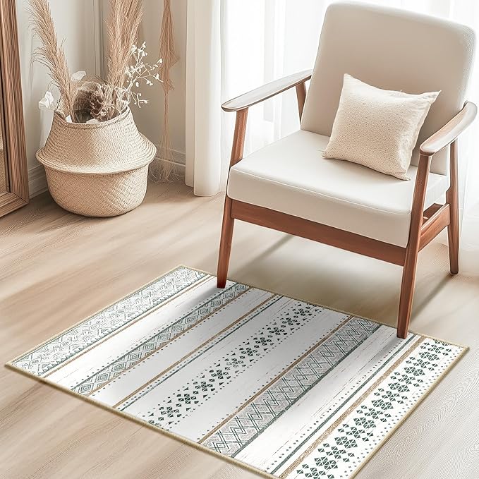 2x3 Washable Area Rugs for Living Room Boho Bathroom Rug Green/Brown | Vacuum Friendly, Machine Washable, Non-Slip Rug, Stain Resistant, Moroccan Geometric, Low Pile Carpet, Entryway Kitchen