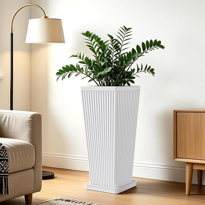 Front Porch Planters Outdoor Set of 2, 24" Tall Plastic Planters for Outdoor Plants with Drainage, Extra Large Outdoor Planter Pots, Tapered Tall Planters for Front Door & Indoor Plants, White