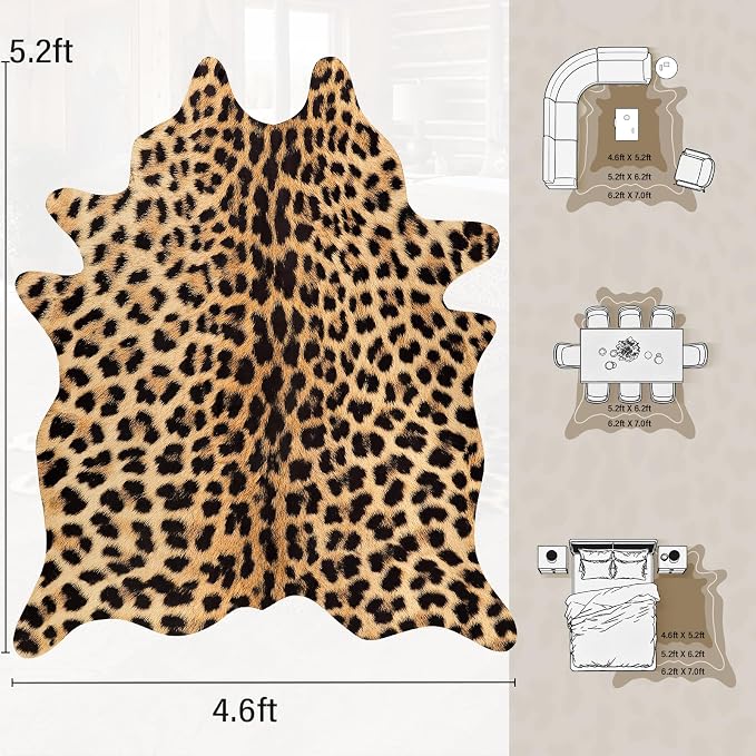 AROGAN Premium Leopard Print Rug, Faux Cheetah Rugs, Non-Slip 4.6 x 5.2 Ft | Machine Washable Animal Print Hide Leopard Skin Area Rug for Bedroom Living Room Home Decor