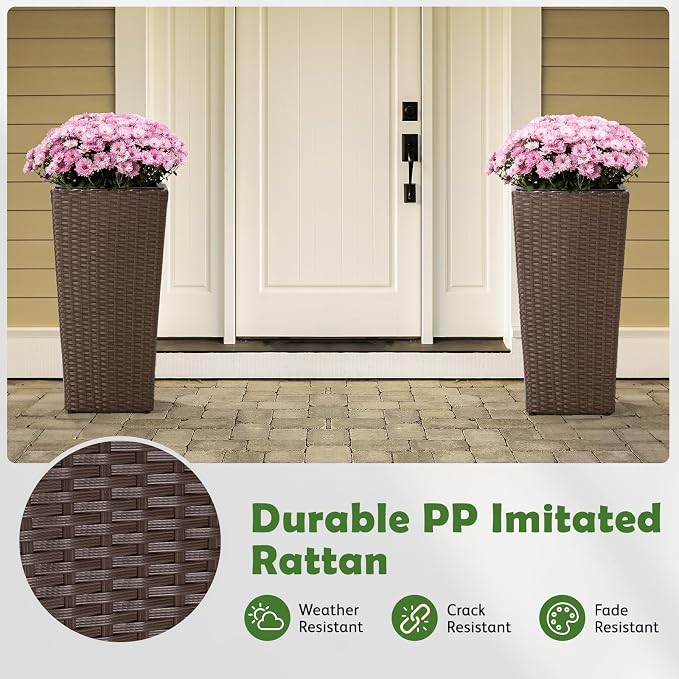 Idzo All Weather Wicker Planters for Outdoor Plants Set of 2, 24 inch Tall Planter for Front Porch, Patio, Balcony, Indoor Usage - Square Rattan Flower Pots, Mocha
