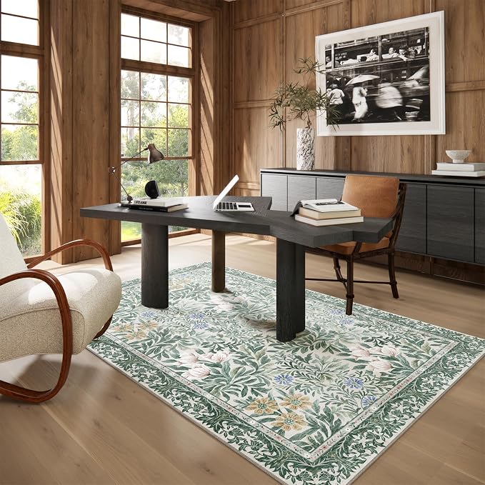 Botanical Floral Area Rug 4x6 Light Green Cream Vintage Garden Design, Perfect for Living Room, Bedroom, Kids Room, Nursery - Stain & Water Resistant Non-Slip, Pet & Child Friendly Area Rugs