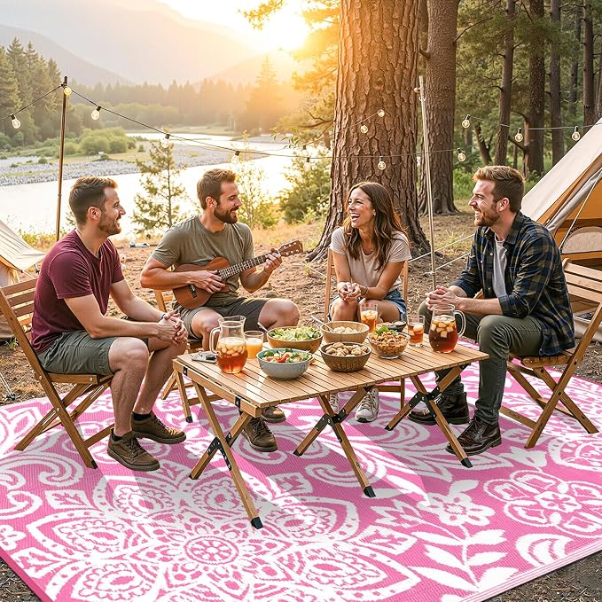 Findosom Waterproof Outdoor Rug 8' x 10' - Reversible Mandala Outdoor Plastic Straw Rug, Durable Foldable Patio Rug for RV, Deck, Balcony, Backyard, Picnic, Porch, Camping, Beach, Pink