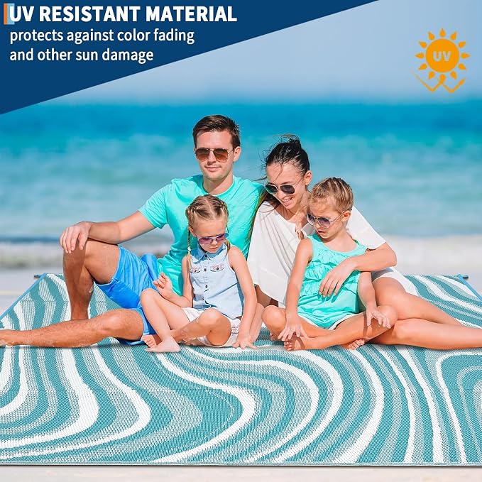 Garvee Large Modern Outdoor Rug 9x12 Patio Rugs Outdoor Waterproof Reversible Plastic Straw Camping Rug, Abstract Outside Rugs for Picnic Backyard Deck Balcony Porch Beach Trailer, Light Blue