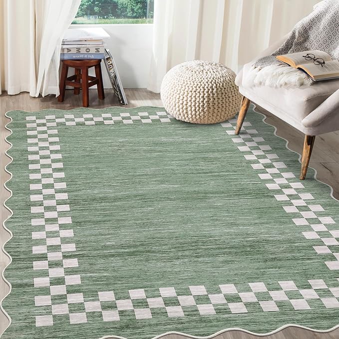 GarveeHome Small Bedroom Area Rug 3x5 Checkered Area Rug for Living Room | Nursery Non Slip Kitchen Throw Carpet Low Pile Modern Bordered Rugs Washable Green Rugs for Laundry Entryway, Green