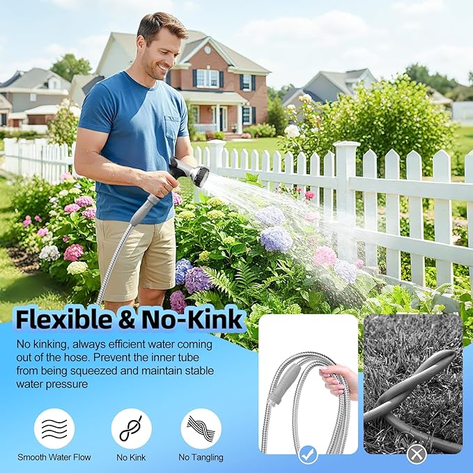 SPECILITE 304 Stainless Steel Garden Hose 100ft with 360° Swivel Handle, Lightweight & Flexible Metal Water Hose with Heavy Duty Nozzle for Yard, Outdoor, Lawn