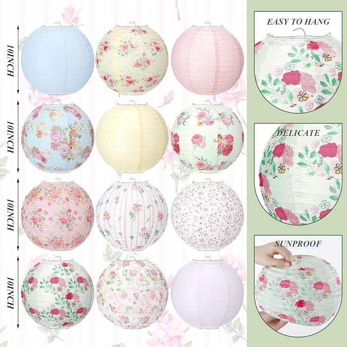 Baquler 12 Pcs Floral Paper Lanterns Tea Party Decorations 10 Inch Wildflower Floral Ceiling Hanging Paper Lanterns for Wedding Bridal Birthday Party Outdoor Festival Hanging Decoration