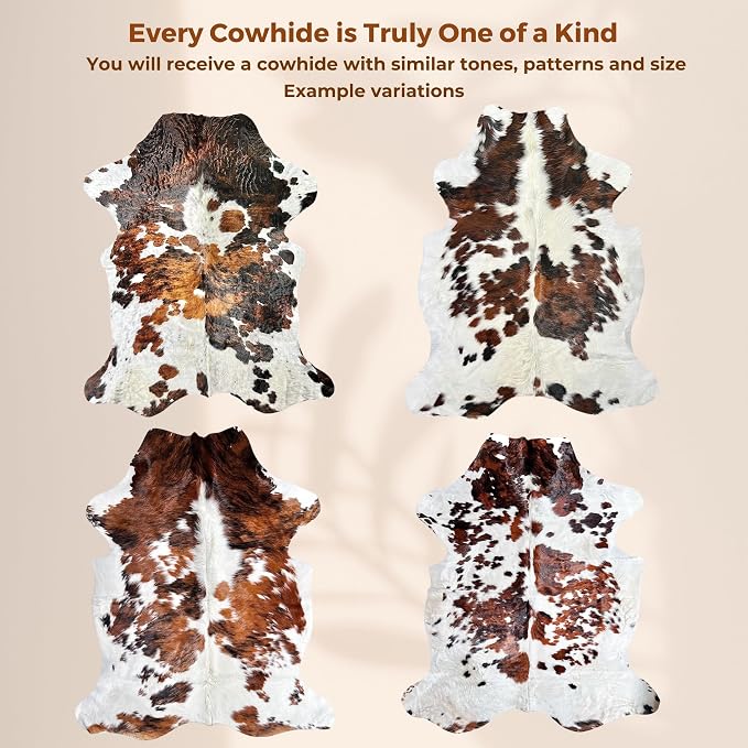 rodeo Genuine Cowhide Rug - Real Cow Hide Rug Large for Living Room & Bedroom - Western Rugs for a Natural Western Home Decor Ambiance - Rustic Cow Print Carpet Decor - 5x6 ft, Tricolor