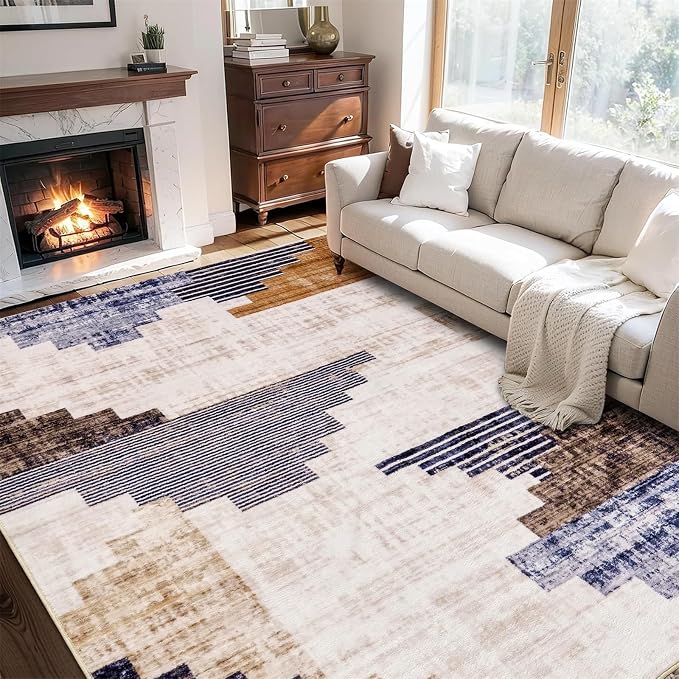 Washable Scandinavian Rug, Ultra Thin Shaggy Modern Farmhouse Tribal 4x6 Area Rug for Dining Room Bedroom Entryway Kitchen, Stain Resistant Distressed Minimalist Boho Living Room Carpet