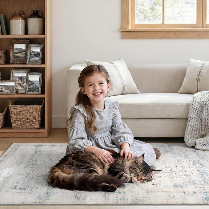 DCX Washable 4x6 Blue Rug Stain Resistant Distressed Vintage Rug | Kid & Pet Friendly with Rubber Back Non Slip Soft Low Pile Large Carpet for Living Room, Bedroom, Home Office