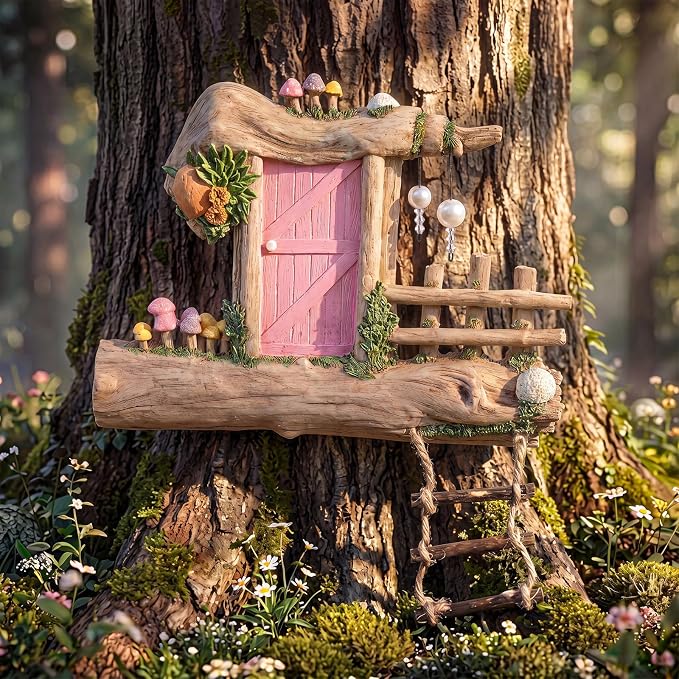Sliner Fairy Door for Trees Outdoor Resin Fairy Garden Door Accessories with Pearl & Crystal Hanging Accents Miniature Gnome House for Garden Wall Outdoor Decorations Tree Trunk (Pink)