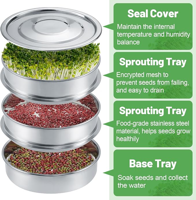 Aulock Stainless Steel Seed Sprouting Kit - 3-Tier Microgreens Growing Tray 7.9 in Dia, Stackable Round Sprouter Maker with Encrypted Mesh, Sprouts Grower for Beans Broccoli Alfalfa Seeds Wheat Grass