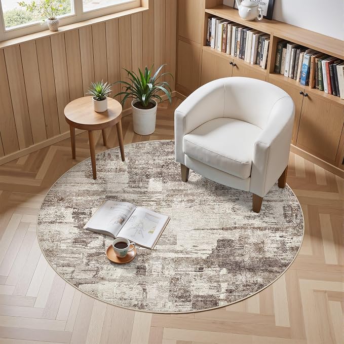 kakania Abstract 6x6 Round Rugs for Living Room: Circle Rugs 6FT Brown | Washable, Soft, Non-Slip, Low-Pile, Pet & Kid Friendly - Modern Home Decor Carpet for Bedroom/Dining Room/Nursery