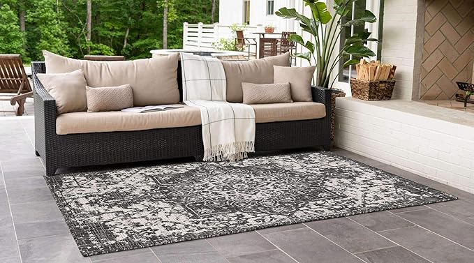 Unique Loom Outdoor Collection Area Rug - Dubai (9' x 12' Rectangle, Charcoal Gray/ Ivory)