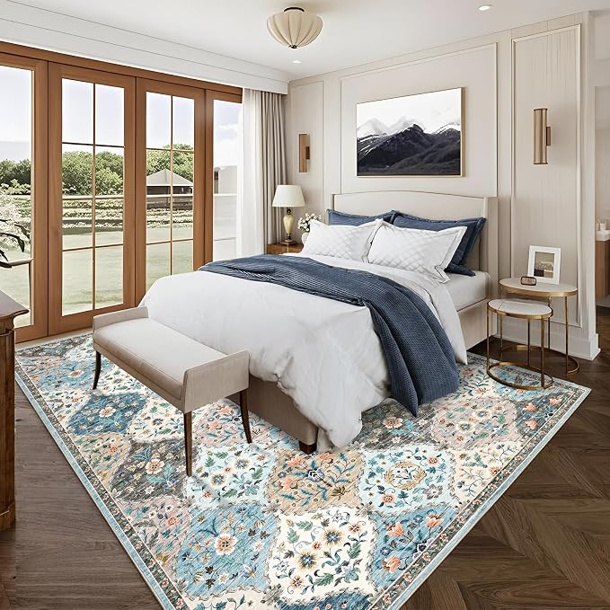 ROYHOME 8x10 Area Rug Trellis Machine Washable Rug for Living Room | Stain Resistant Non-Slip Accent Rug Carpet Farmhouse Vintage Distressed Floral Floor Cover for Bedroom, Blue/Taupe