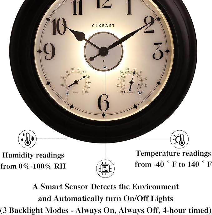 CLXEAST 24 Inch LED Self-Illuminated Outdoor Metal Clocks Waterproof, Large Lighted Outdoor Clock with Temperature and Humidity,Oil Rubbed Bronze Black,Spring Garden Decor