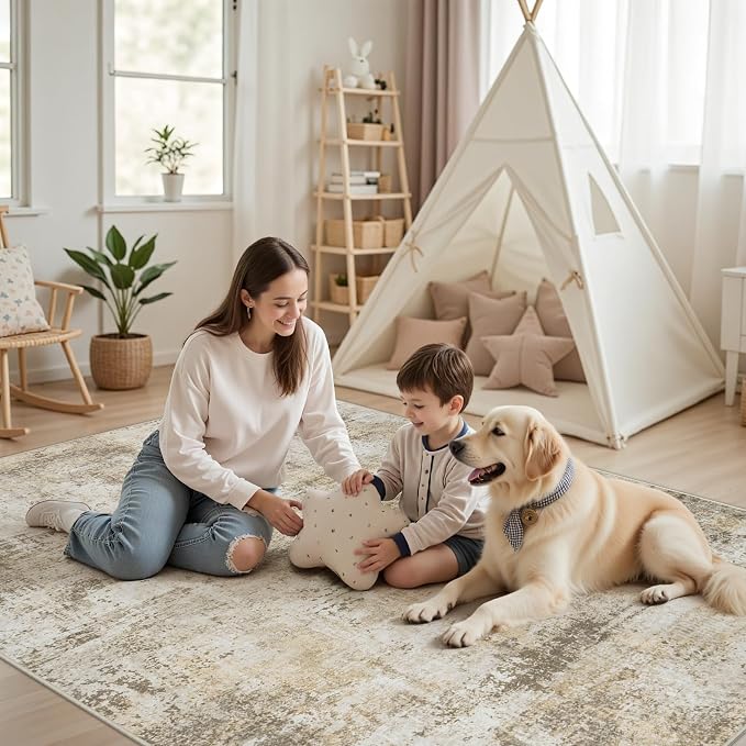 Tosuoka 6x9 Area Rugs for Living Room Abstract Washable Beige Grey Rug | With Anti-Slip Backing，Non-Shedding，Stain-Resistant，Soft Modern Large Carpet for Bedroom Dining Room Farmhouse Nursery