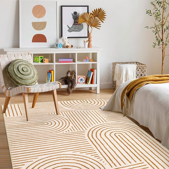 Lahome Abstract Washable Rugs 5x7, Playroom Rug for Living Room Kids Room | Soft Ultra-Thin Non Slip Rainbow Bedroom Rug Accent Carpet for Dining Room Office Darrell (5'x7',Orange)