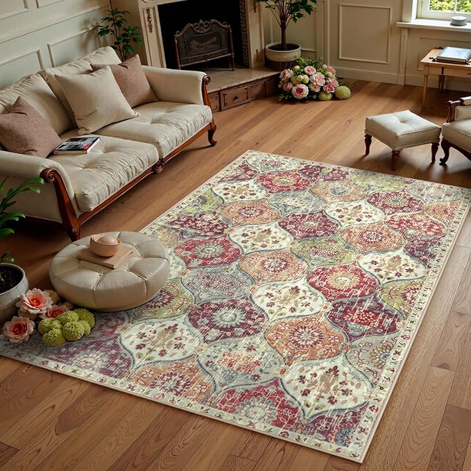 Lahome Moroccan Small Washable Area Rug, 3x5 Rugs for Bedroom Living Room | Trellis Non-Slip Oriental Throw Carpet for Kitchen Office Entryway Bathroom Office Elise Orange/Terracotta