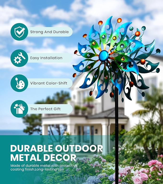 87" Large Solar Wind Spinners Outdoor, Peacock Metal Garden Decor | Handcrafted,Large,Solar-Powered Color-Changing,Rust-Proof,Weather-Resistant,Heavy-Duty,Tool-Free Assembly,Peacock