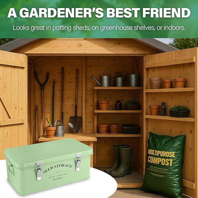Seed Storage Box Organizer – Green Garden Seeds Tin with Lid, Side Handles, 4 Compartments & Safety Lock – Seed Packet Container for Gardeners – Gardening Gift Idea | Seed Tin with Lid, Handles, 4 Sections & Safety Lock – Perfect Gardening Gifts for Me...