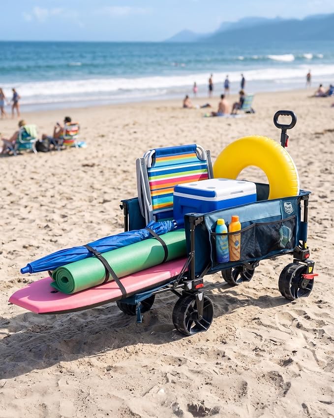 Timber Ridge 47" L Collapsible Wagon with Tailgate & Brake, 300 lbs Heavy Duty Beach Wagon with All-Terrain Big Wheels, 250L Foldable Utility Cart for Sand Camping Sports Shopping, Blue