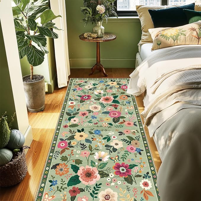 Floral Washable 2x8 Area Rugs Runner Entryway Hallway LightGreen | Flower Carpet, Print, Boho, Non-Slip, Easy to Clean, Low Pile, Soft, for Living Room Bedroom Kitchen Office Entrance
