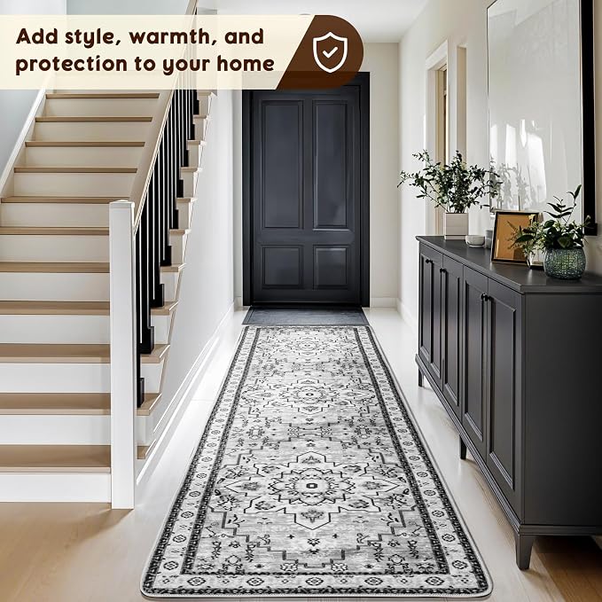 LBRO2M Machine Washable Rug Soft Pet Friendly Carpet 2X10 Gray | Persian Runner Rug 2X10 for HallWay, Bedroom, Kitchen, Laundry Room, Non Slip Carpet, Foldable Stain Resistant Rugs
